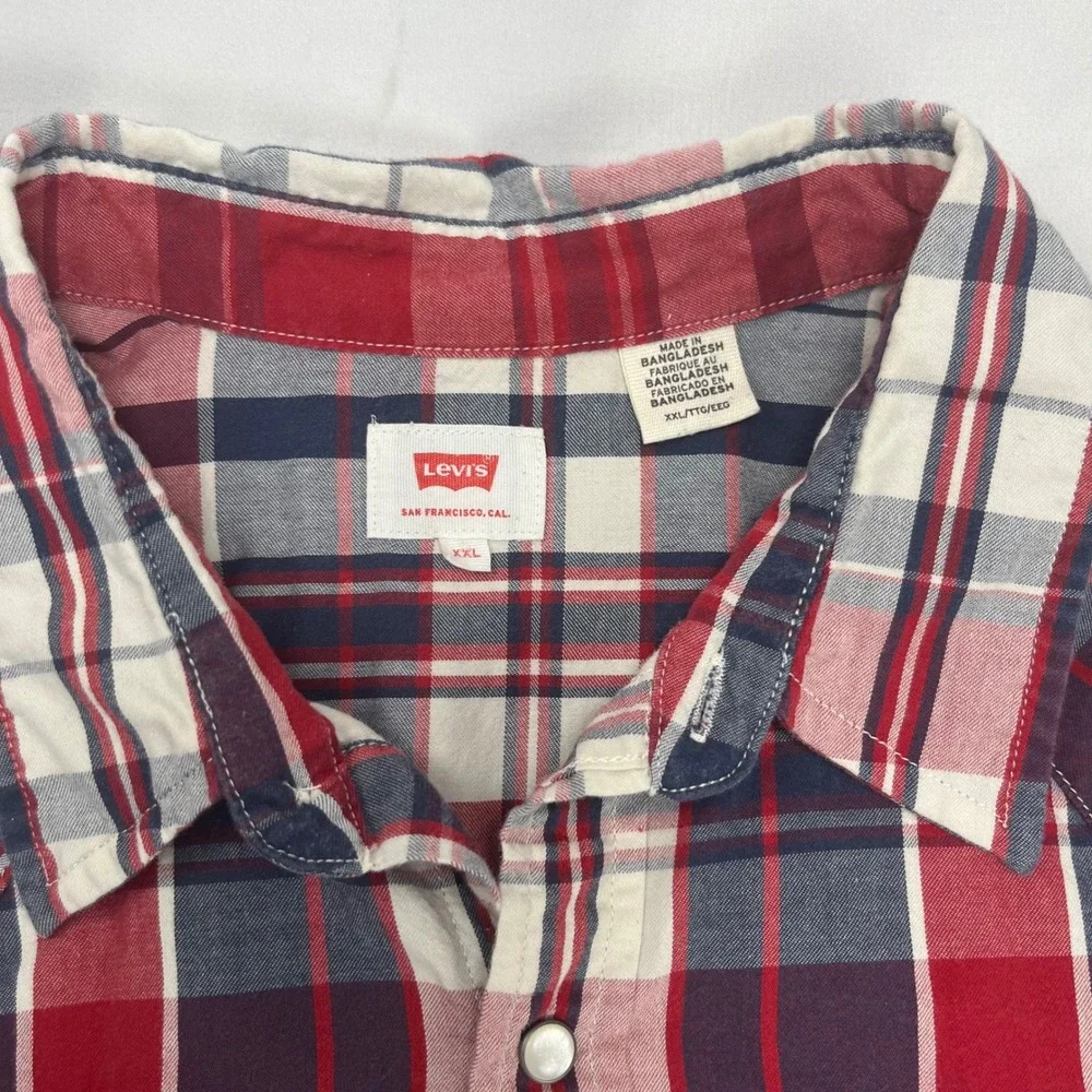 Levi's Western Pearl Snap Shirt XXL Red‎ Blue Plaid Long Sleeve Cotton Yoke